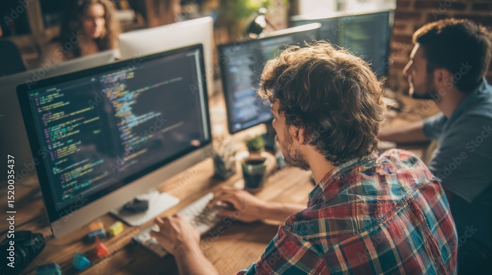 Aufkleber Office programmers collaborate on software development at modern workspace with multiple computer screens