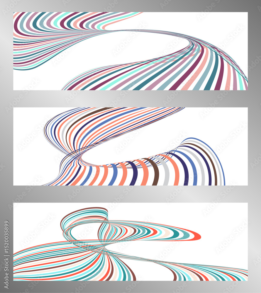 Poster wavy lines or ribbons. set of 3 backgrounds. multicolored striped gradient. creative unusual backgro