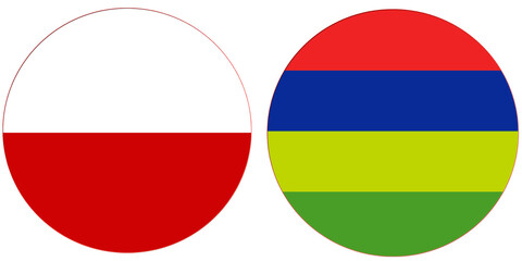 Poland Official flag with Mauritius national flag, both countries flags in Round shape and isolated on white background
Circular colorful design Flag with together.
Mauritius