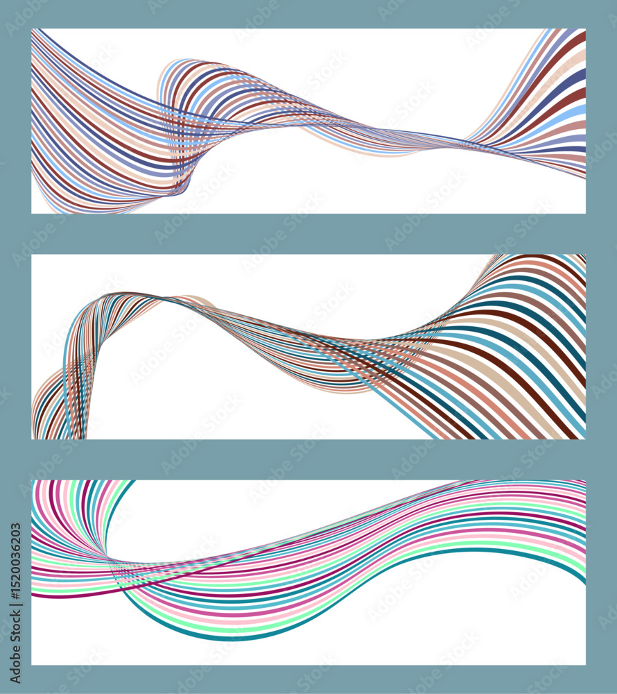 Poster wavy lines or ribbons. set of 3 backgrounds. multicolored striped gradient. creative unusual backgro