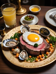 breakfast. steak and eggs, lemon oysters, peas and greens on a big plate.