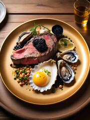 breakfast. steak and eggs, lemon oysters, peas and greens on a big plate.