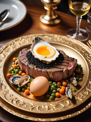 breakfast. steak and eggs, lemon oysters, peas and greens on a big plate.