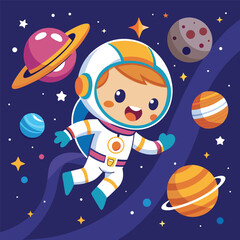 Cute Astronaut Super Flying – Flat Cartoon Vector Illustration of Space Adventure and Science Concept
