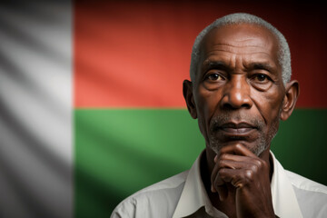 Serious elderly Malagasy man in front of Madagascar flag. Independence Day in Madagascar, June 26th