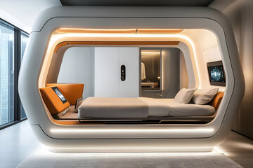 A futuristic bedroom with a smart bed, clean lines, and integrated tech features for ultimate comfort