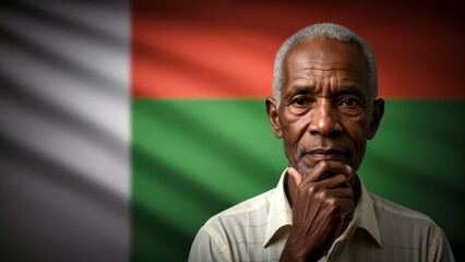 Thoughtful elderly Malagasy man with Madagascar flag background. Wisdom and national identity. Independence Day in Madagascar, June 26th
