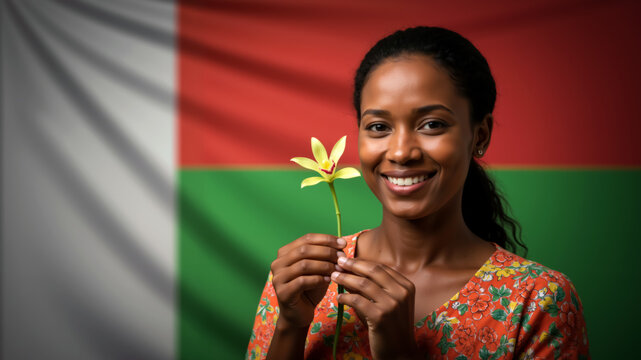 Smiling Malagasy woman holding a yellow flower against Madagascar flag. Independence Day in Madagascar, June 26th