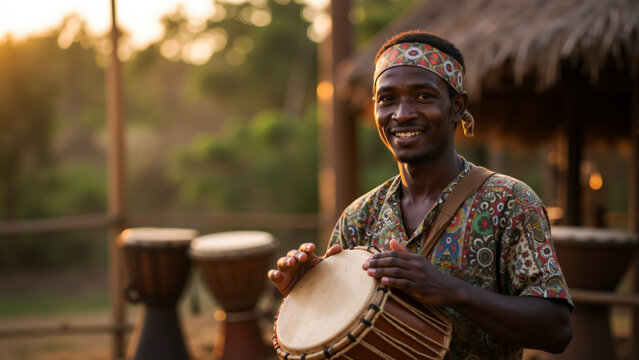 Malagasy man playing djembe drum outdoors. Traditional African music and culture banner with copy space.