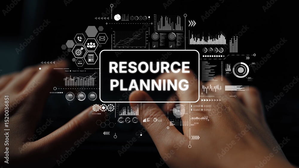 Poster hands over keyboard with digital graphics for resource planning and management in modern business en