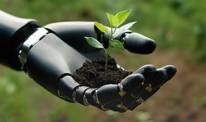 Black artificial robot hand holding a seedling with ground. Autonomous future farming concept. Generative AI