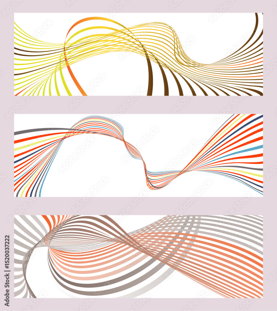 Poster wavy lines or ribbons. set of 3 backgrounds. multicolored striped gradient. creative unusual backgro