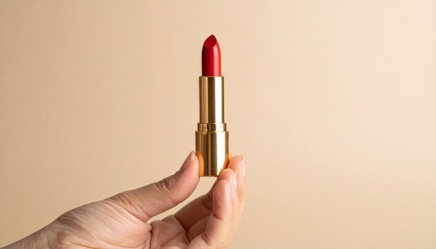 Mano de mujer sosteniendo un lápiz labial rojo sobre un fondo beige
