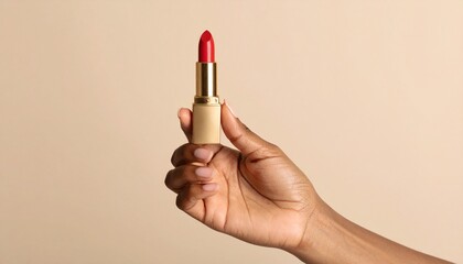 Mano de mujer sosteniendo un l&aacute;piz labial rojo sobre un fondo beige
