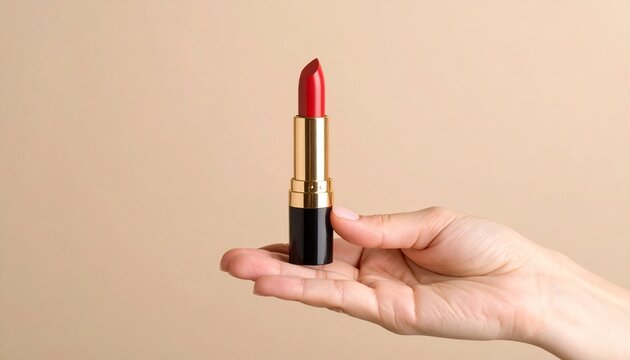 Mano de mujer sosteniendo un l&aacute;piz labial rojo sobre un fondo beige
