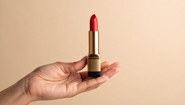 Mano de mujer sosteniendo un l&aacute;piz labial rojo sobre un fondo beige
