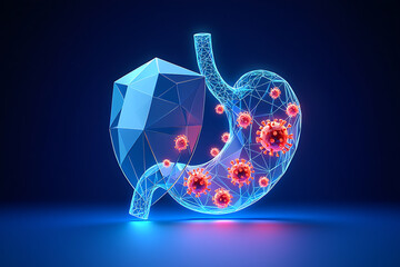 Stomach protected from virus with digital shield 3D Illustration of Stomach with Virus Shield Concept for Digestive Health and Immunity