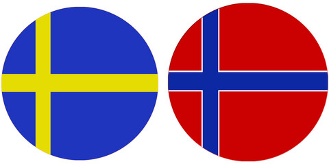 Obraz premium Sweden Official flag with Norway national flag, both countries flags are in Round shape and isolated on white background, Circular colorful design Flag with together. Norway
