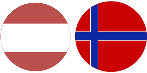 Latvia Official flag with Norway national flag, both countries flags are in Round shape and isolated on white background, Circular colorful design Flag with together.
Norway