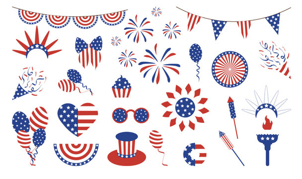 Set of USA celebration national symbols by the Fourth of July. Ideal for American Independence Day designs, party invitations, banners, and patriotic-themed graphics