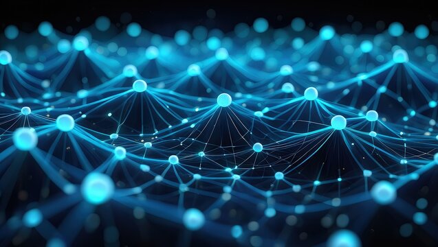 Close-up on blue blockchain nodes powering social network. Viral content profiles converge with decentralized peer interaction expansion landscape. Solution based platform infused tech effect. Proof