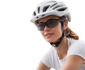 Smiling young woman in a bike helmet and sunglasses, enjoying a sunny day.