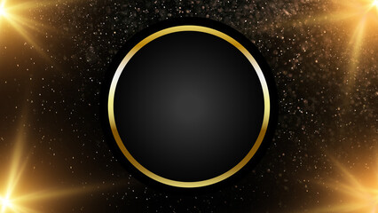 back background with golden circle. Black and gold background and Golden circle on black. Luxury dark backdrop with Elegant golden ring. Minimalist gold circle along with Shiny gold element on black. 