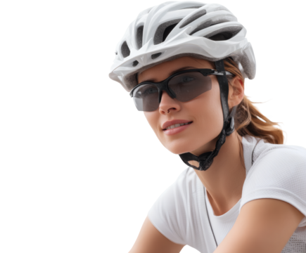 Smiling young woman in a bike helmet and sunglasses, enjoying a sunny day.