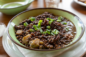 Lentils with vegetables on bowl El Calafate restaurant Argentina