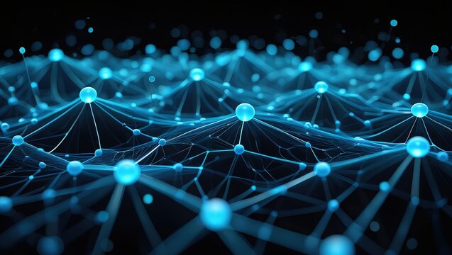 Close-up on blue blockchain nodes powering social network. Viral content profiles converge with decentralized peer interaction expansion landscape. Solution based platform infused tech effect. Proof