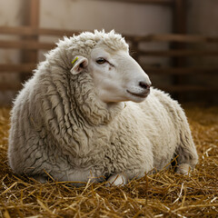 Naklejka premium Majestic Sheep Resting in Barn: Serene Farm Animal Photograph