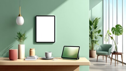 Modern desk setup with digital tablet and green decor in sunlight
