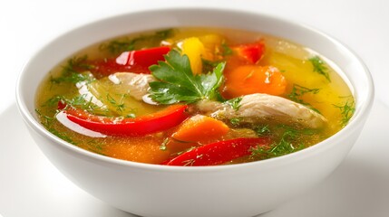 Delicious and healthy chicken soup with fresh vegetables in a white bowl.