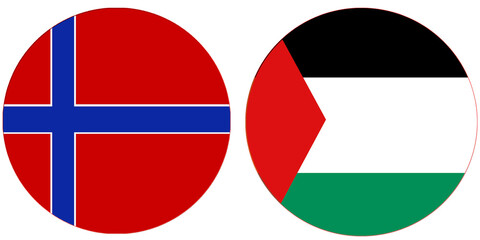 Obraz premium Palestine Official flag with Norway national flag, both countries flags in Round shape and isolated on white background Circular colorful design Flag with together. Palestine's