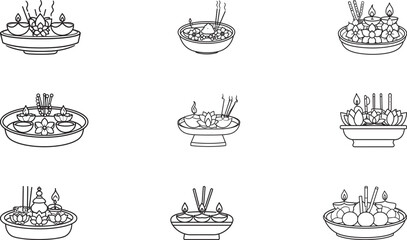 Hand-Drawn Illustrations of Traditional Decorative Puja Thali offering plate with Candles and Flowers

