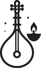 Black and white vector illustration of a veena instrument and oil lamp, symbolizing Indian culture, traditions, and festivities
