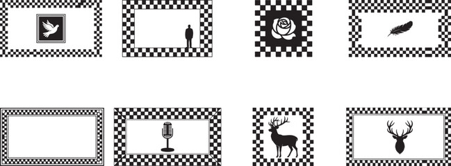 Set of Ornamental Frames with Checkerboard Patterns and Icon Silhouettes

