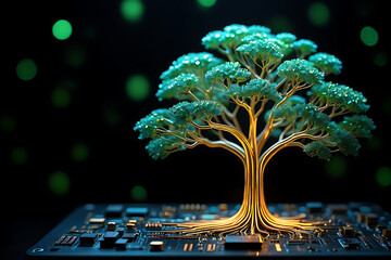 Tree growing from circuit board technology concept a tree, made from a circuit board, with green leaves and a golden trunk, Futuristic Tree Growing from Motherboard, Technology and Nature Integration 