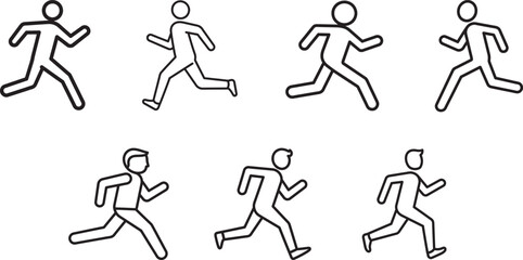 Simple Vector Line Icons Depicting Human Figures Running in Various Poses, focusing on physical activity, fitness, or dynamic movement.
