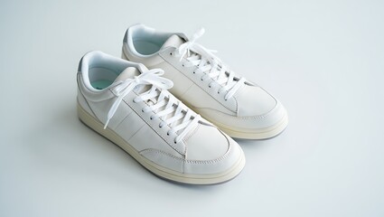 Pair of clean white leather sneakers on white background