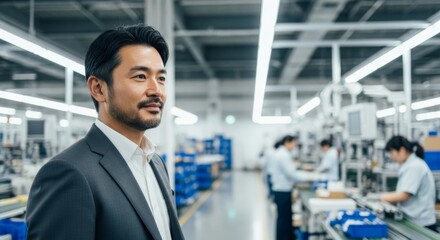 Confident business leader in modern factory setting for industrial innovation and management