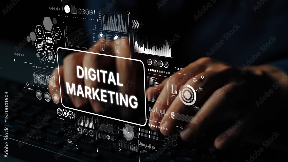 Poster hands typing on keyboard with digital marketing graphics and data visualization elements for online 