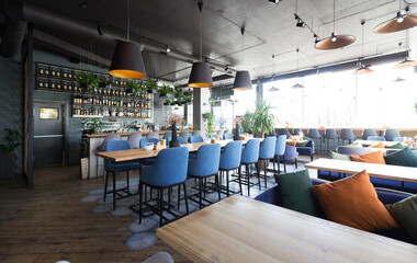 New and clean luxury restaurant in european style, bar counter, copy space, no people, quarantine, world pandemic