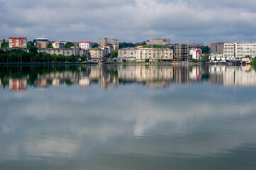view of Ternopil cite reflected in the lake, Ukraine