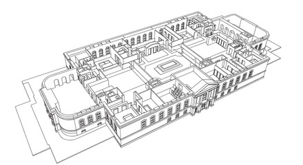 Fototapeta premium Isometric architectural drawing of a building with detailed landscaping and pathways shown in white and black against a plain background.