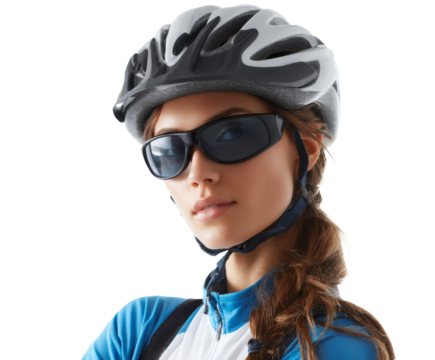 Beautiful woman in cycling gear with helmet and sunglasses posing for a photo. - Powered by Adobe