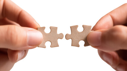 Finding the Missing Piece: A close-up shot capturing two hands aligning puzzle pieces, symbolizing problem-solving, teamwork, and collaboration.