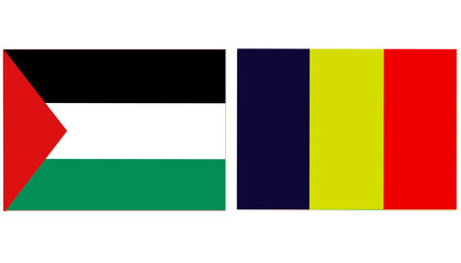 Fototapeta premium Palestine Official flag with Romania national flag, both countries flags in Horizontal shape and isolated on white background, Rectangular colorful design Flag with together. Palestine's