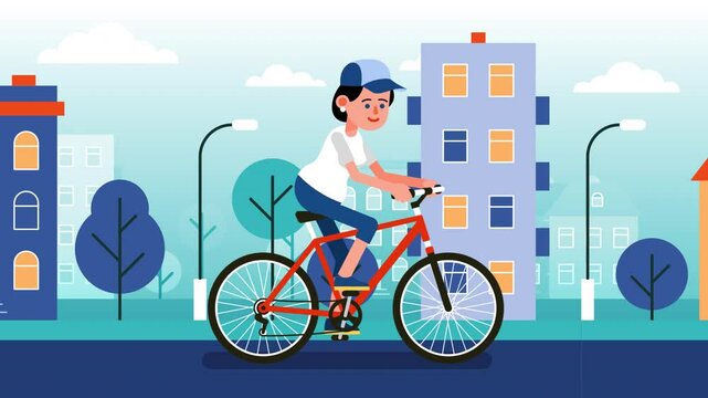 Woman Riding Bicycle in City Street - Urban Cycling Scene. Woman rides a red bicycle through a city street, surrounded by tall buildings, trees, and modern urban infrastructure.
