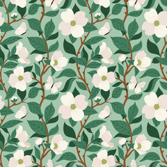 Floral vector seamless pattern with blooming dogwood branches and butterflies on a light green background.